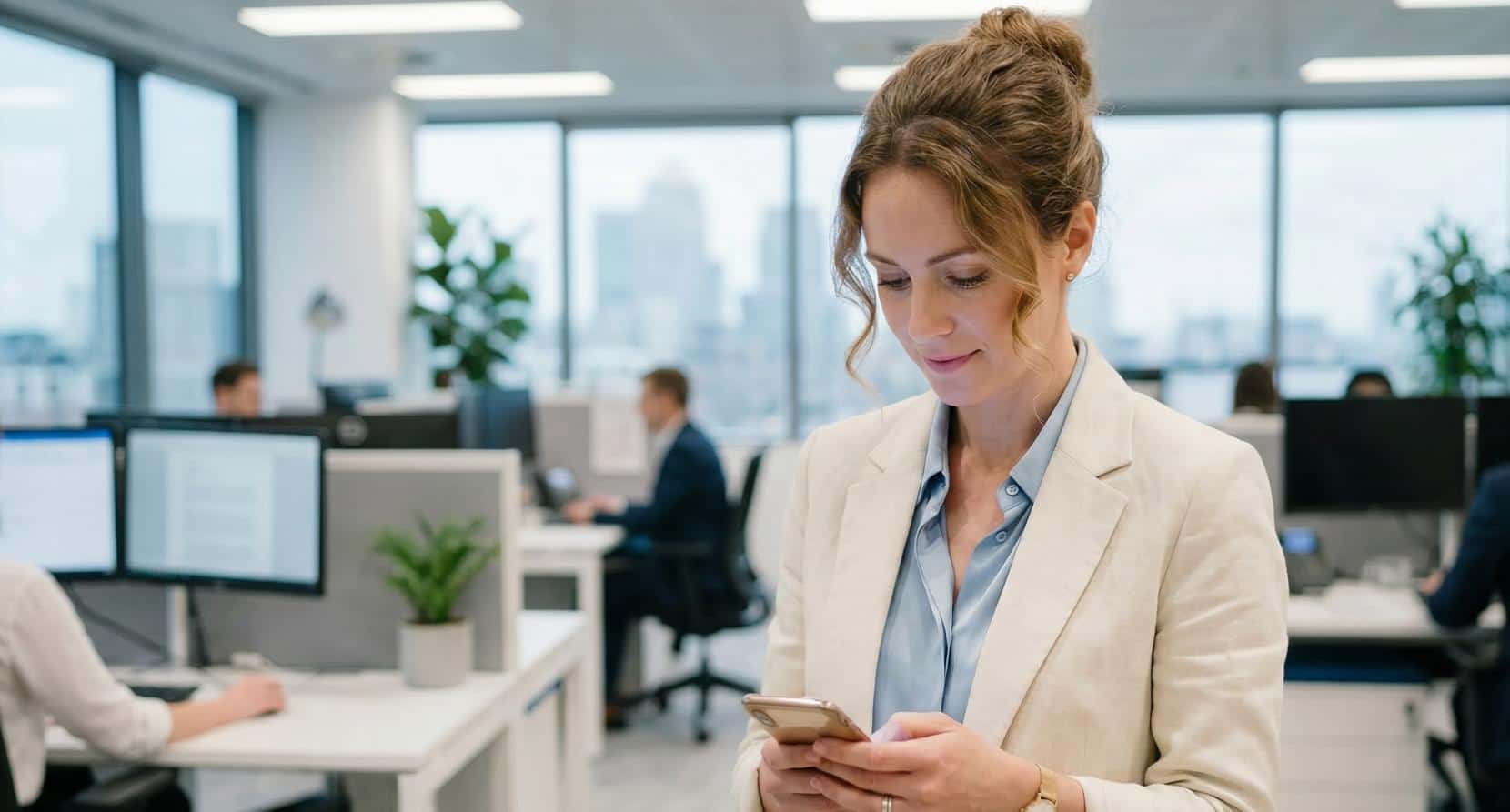 A businesswoman in a modern office reviews information on her smartphone, representing digital bill management.
