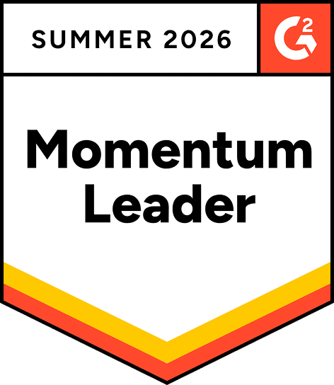 Award badge: 'Momentum Leader' for Summer 2026, with a G2 logo top-right, white field, and yellow–orange–red chevron bottom.